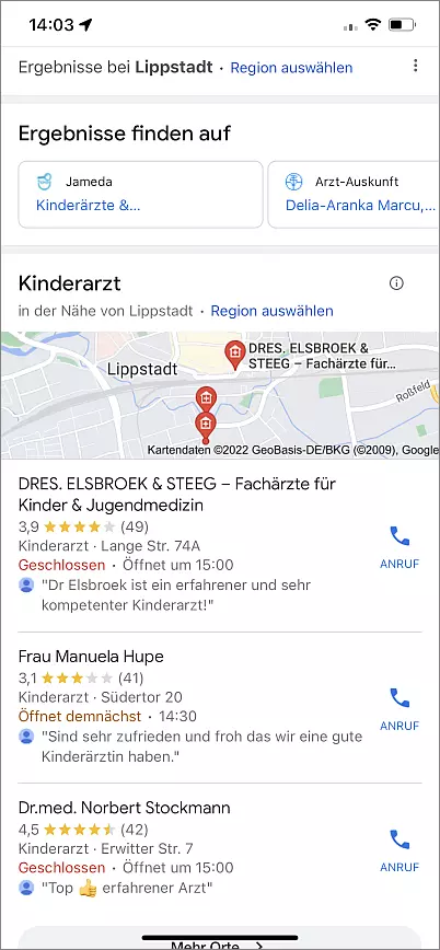 Kinderarzt Lippstadt: Ergebnis Google Suche