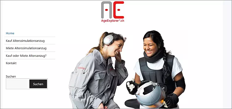 Startseite der Website age-explorer.ch Zwei junge Frauen mit Alterssimulationanzug.